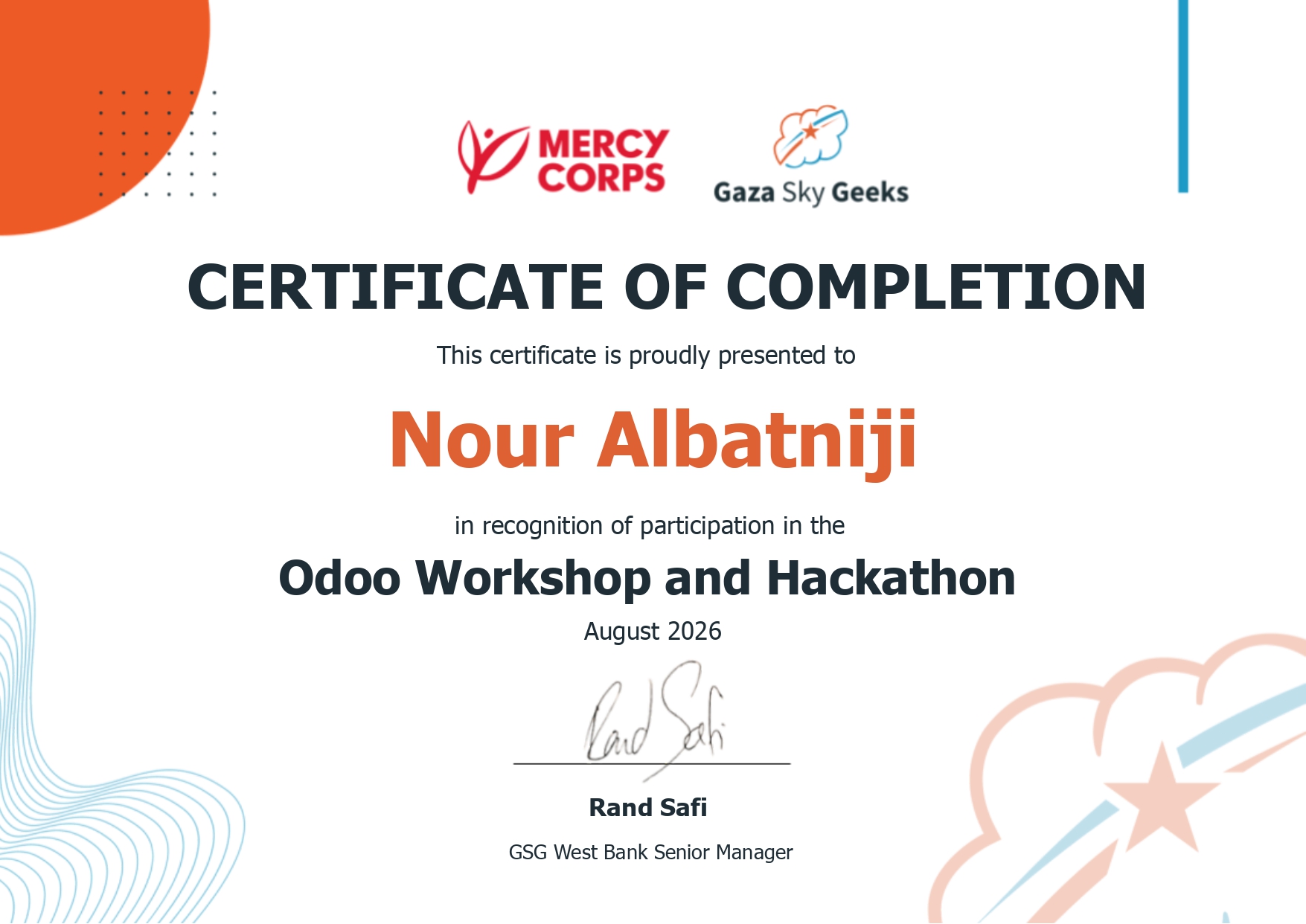 Odoo Workshop & Hackathon certificate